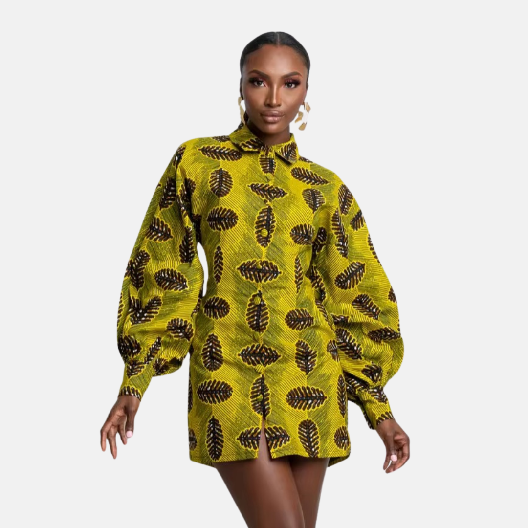 Yellow Leaf Ankara Puff Sleeve Mini Dress